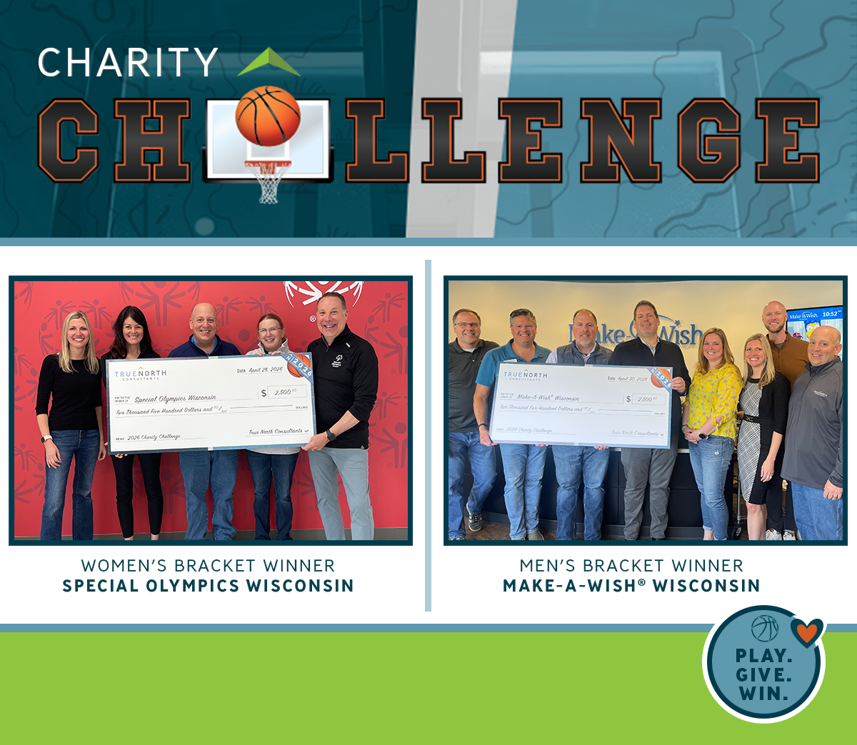 2026 Charity Challenge winning bracket check presentations. It’s always rewarding to see the impact of this challenge come full circle. 🏀💙 Earlier this week, we had the pleasure of presenting our donation from the 2026 March Madness® Charity Challenge to Special Olympics Wisconsin. It’s an honor to visit their organization and support their mission of building a more inclusive community through sport, health, and leadership programs. 📸 Pictured (left to right): Michelle Schmidt, Addie Teeters, Chris Valcheff, Jaime Jenks, and Chad Hershner. Additionally, we were proud to present our donation to Make-A-Wish® Wisconsin, this year’s Men’s Bracket beneficiary. Touring their facility and seeing their work firsthand was a powerful reminder of the hope, strength, and joy they bring to children and families across the state. 📸 Pictured (left to right): Ryan LaDieu, Forrest Doolen, Brian Mihelich, Eric Olson (Marcus Corporation), Nicole Stein, Michelle Schmidt, Matt Johnson, and Chris Valcheff. We’re grateful for the opportunity to support these incredible organizations—and to everyone who participated in this year’s Charity Challenge and helped make it possible.
